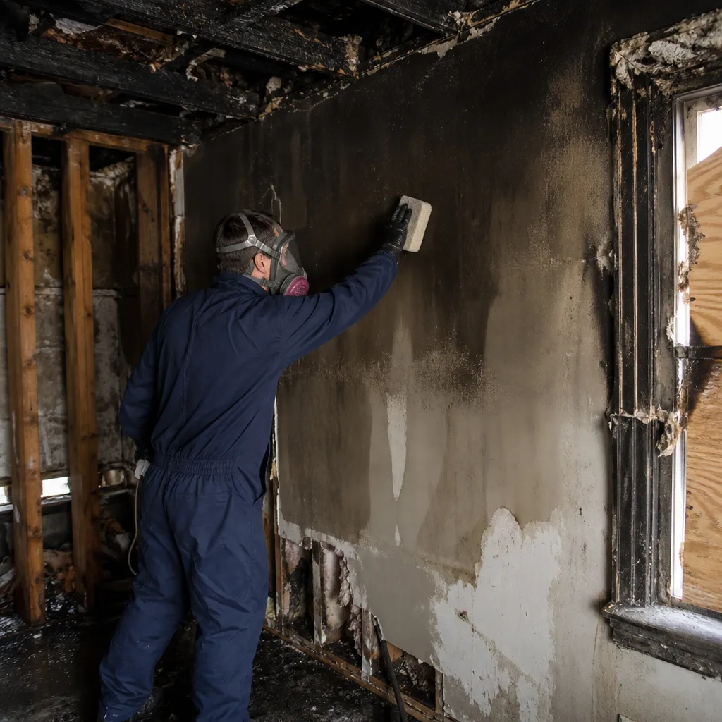 Professional performing fire and smoke damage restoration on a charred wall