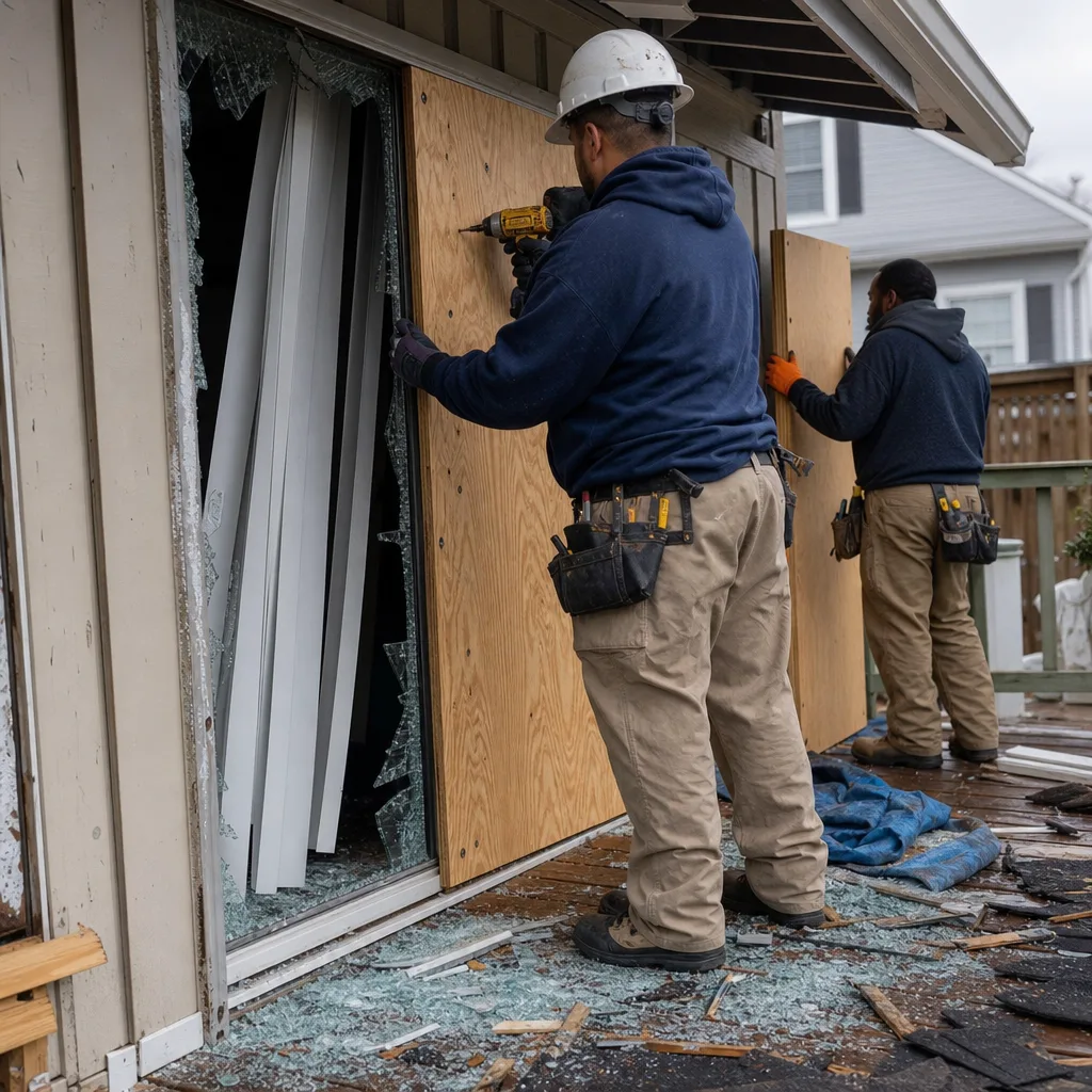 Restoration professionals boarding up storm-damaged home with broken windows