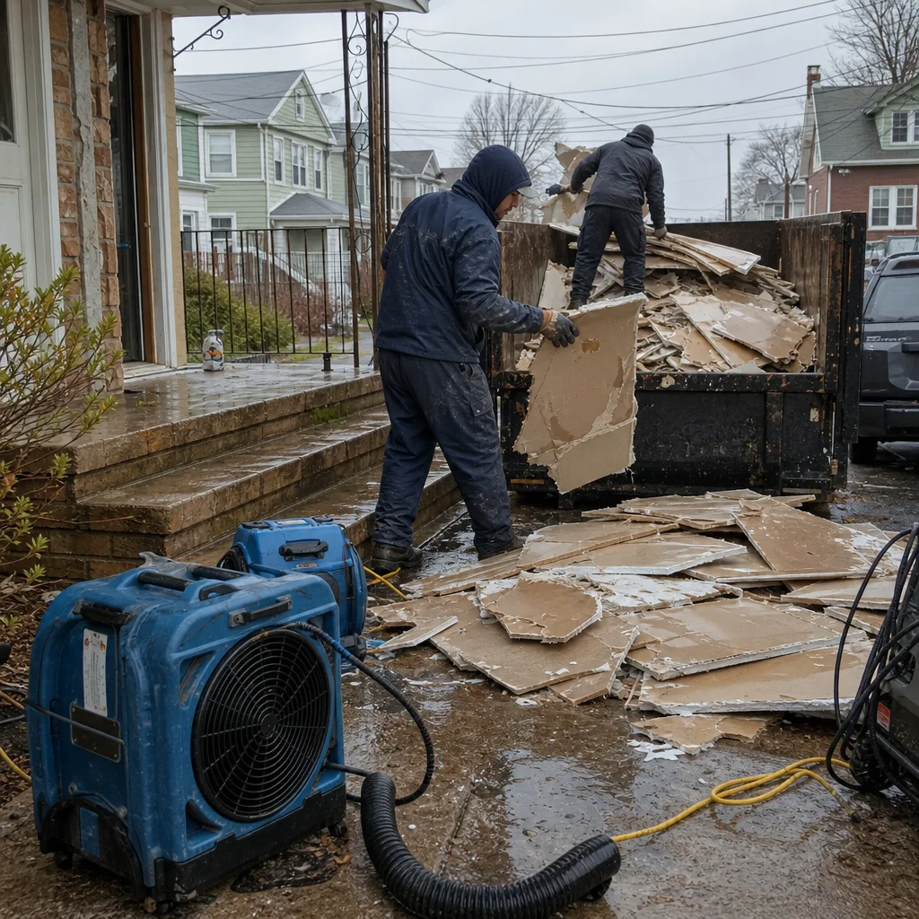 Workers loading water-damaged drywall into a professional debris dumpster