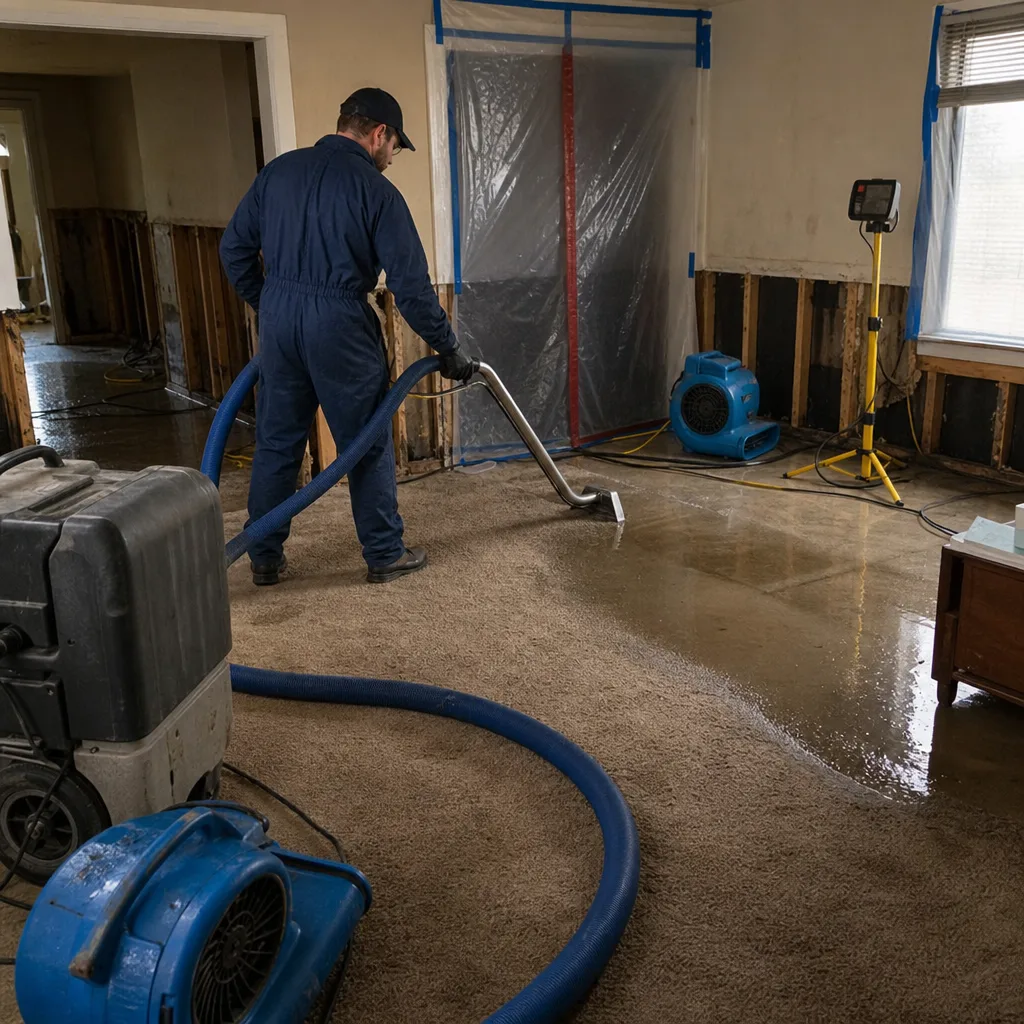 Technician using professional water extraction equipment in a flooded home
