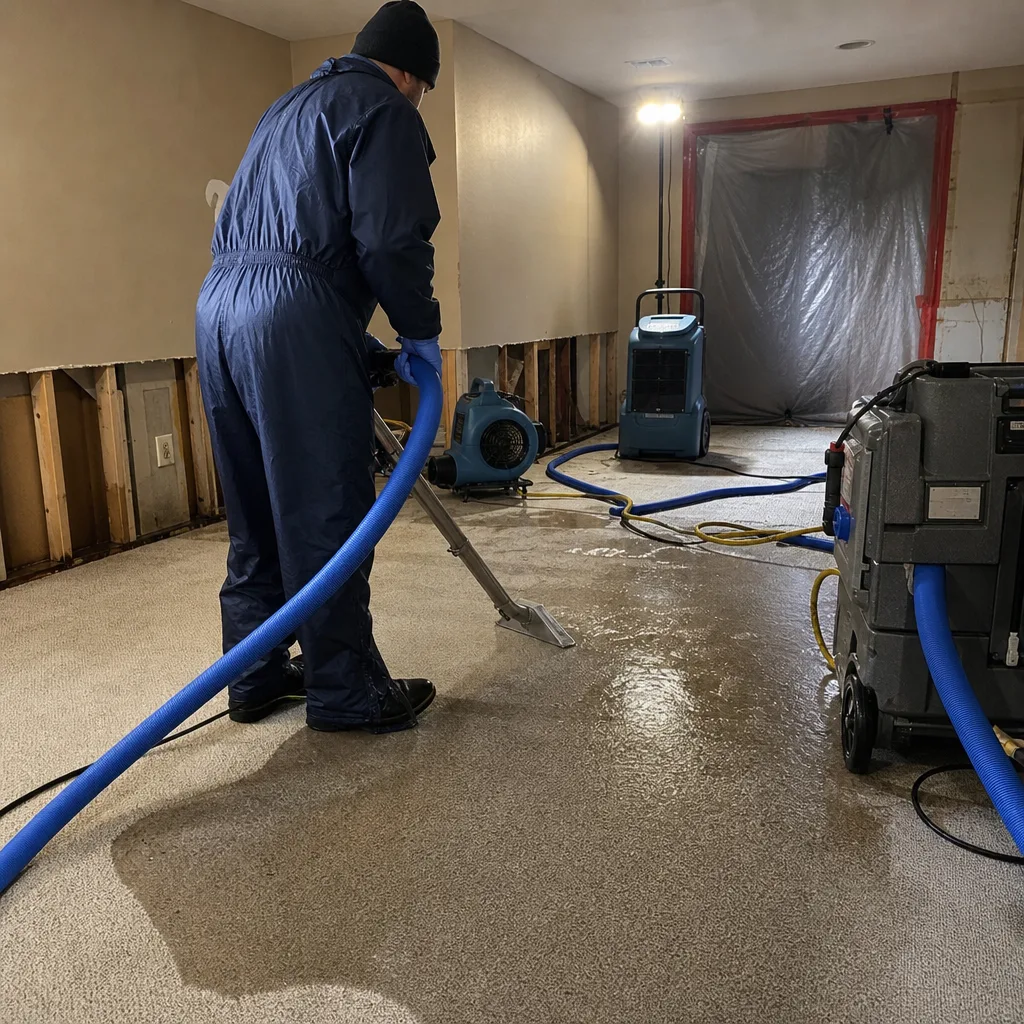 Water damage restoration professional extracting flood water from a basement carpet