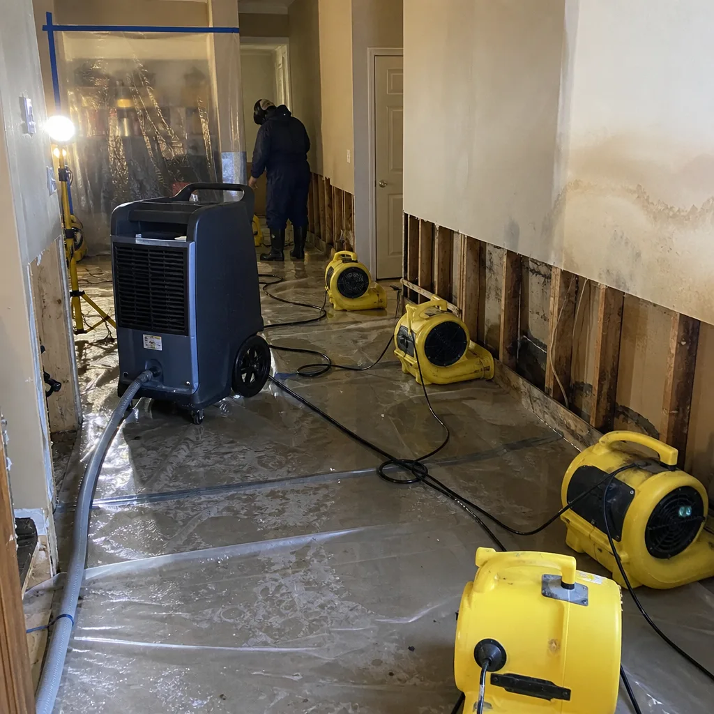 Water damage restoration professional using industrial dehumidifiers and air movers indoors